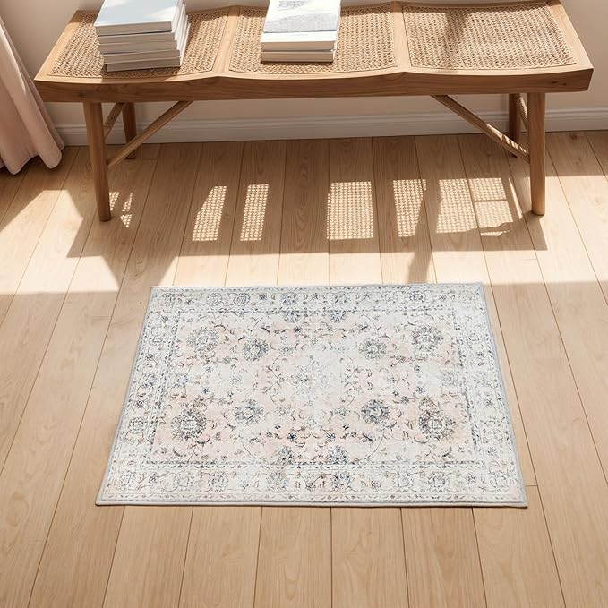 2'x3' Vintage Floral Rug - Persian Inspired Low-Pile Faux Wool Area Rug, Non-Slip Washable Small Rug for Bedroom, Nursery, Dorm, Soft Pink Boho Chic Decor