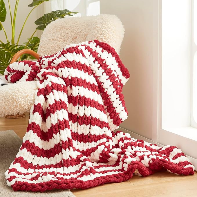 Amélie Home Chunky Knit Blanket Throw, Thick Soft Yarn Chunky Throw 50x60, Handmade Chenille Cable Knitted Crochet Throw Blanket, Warm Rope Knot Blanket for Couch Bed Sofa, Red White Stripe