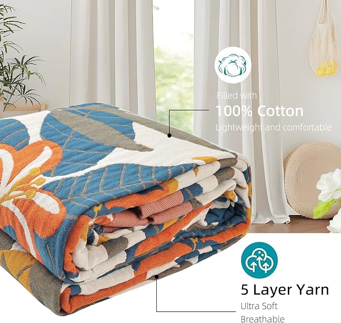 Boho Throw Blanket for Bed - 100% Pure Cotton Ultra Soft Rustic Quilt - Farmhouse Decor Bed Blankets, All Season Rustic Throw for Sofa Couch Chair(91''x 98'', Floral Sea)