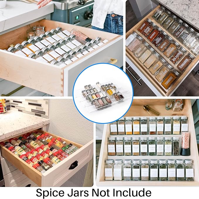 Antimbee Spice Drawer Organizer, 4 Tier- 8 Pack Kitchen Spice Rack Tray for Drawer, Expandable From 13" to 26" Acrylic Seasoning Organizer Rack Holds up 56 Spice Jars (Jars not Include)