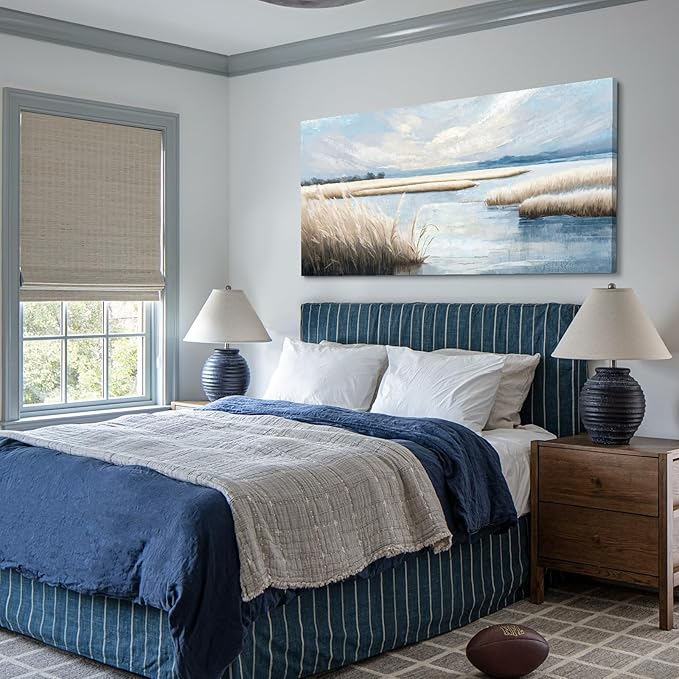 amatop Large Coastal Wall Art Abstract Landscape Beach Ocean Marsh Canvas Print Calming Soft Blue and Beige Wetland Picture Minimalist Neutral Nature Artwork for Bedroom Living Room Office 48x24