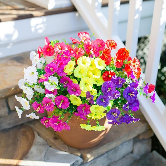 Artificial Flowers for Outdoors Fake Plants Outside Decoration, 12 Bundles Silk Colorful Morning Glory with Eucalyptus UV Resistant Realistic Faux Flowers for Planter Porch Patio Yard Garden