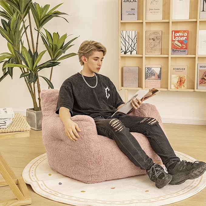 Bean Bag Chair with Filler, Bean Bag Sofa with Tufted Soft Stuffed Filling, Fluffy and Lazy Sofa, Comfy Cozy BeanBag Chairs with Memory Foam for Dorm, Apartment, Living Room (Pink)