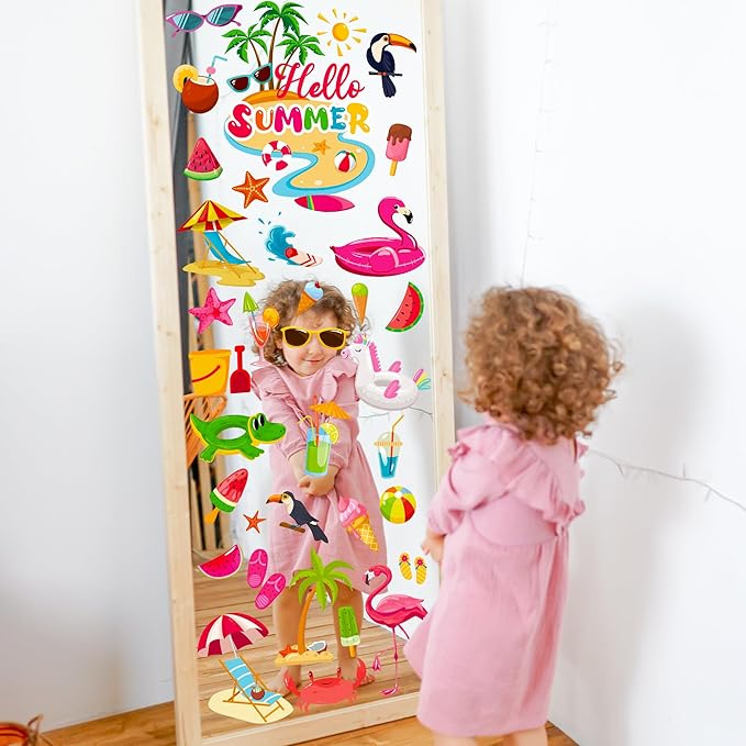 9 Sheets Summer Window Clings, Double Sided Summer Window Clings for Glass Windows, Hello Beach Decals, Sun Watermelon Pattern Stickers for Home Office Accessories Decorations