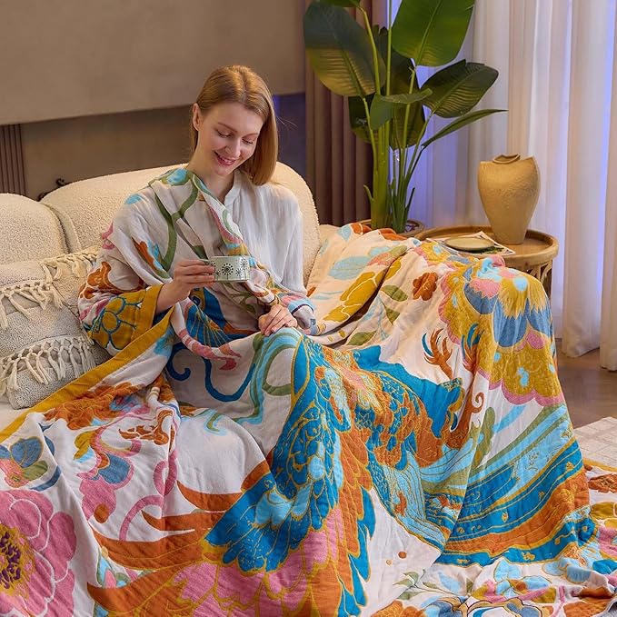 Boho Throw Blanket, Lightweight Blankets for Summer, 100% Cotton Bohemian Decorative Throw Blanket, 80"x90" Reversible Muslin Breathable Woven Farmhouse Blankets Quilt,