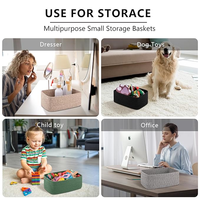4 Pack Small Storage Shelf Baskets for Organizing, Mini Woven Rope Storage Bins for Towels, Cute Decorative Closet Organizer，Baby Nursery, Gift Empty Baskets -13''Lx8.66''Wx5.11''H-Black