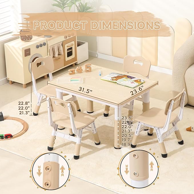 Height-Adjustable Kids Table and Chairs, 31.5''L x 23.6''W Toddler Table and 4 Chairs Set with Anti-Slip Foot Covers, Children Activity Table for Ages 2-10, Graffiti Desktop