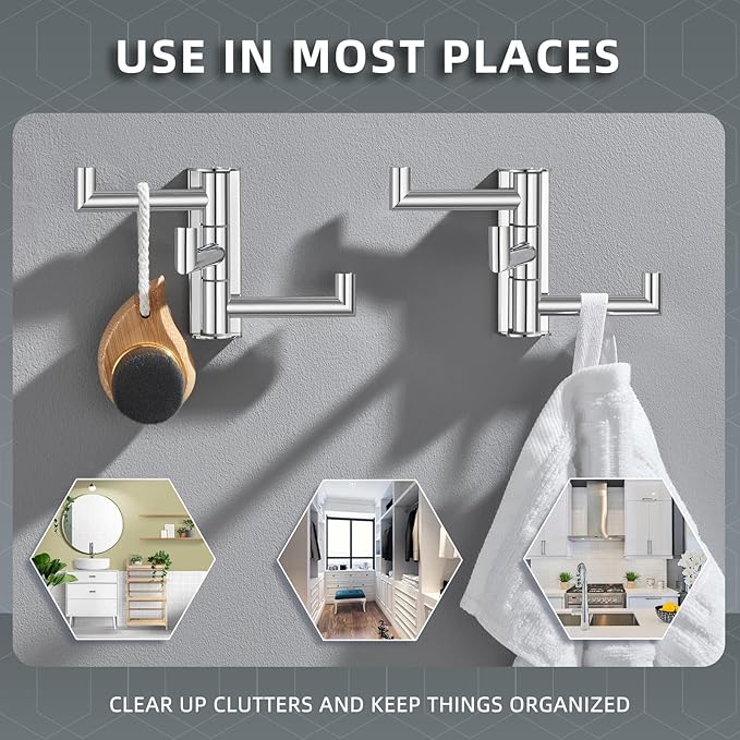 Angle Simple Swivel Towel Hooks for Bathroom, SUS 304 Stainless Steel Foldable 3 Arms Hand Towel Holder, Coat Wall Hooks, Polished Chrome, 2 Pack