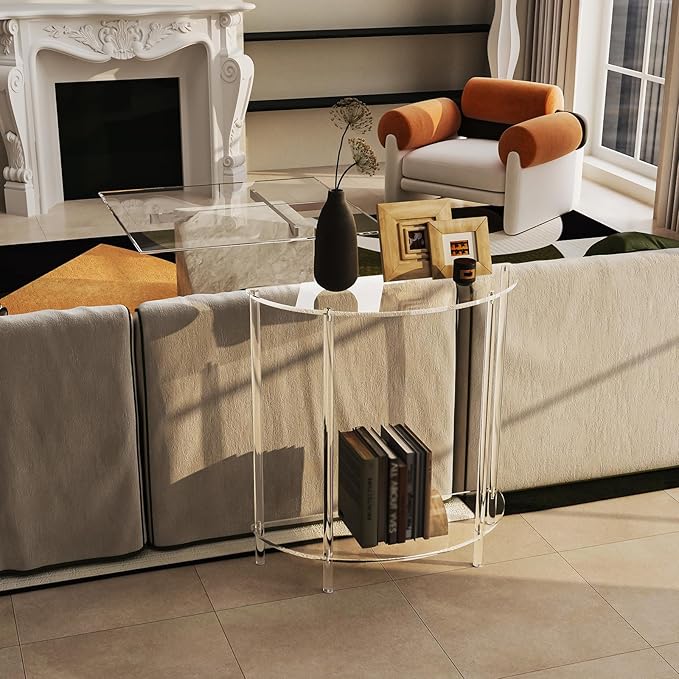 Acrylic Console Table, Half Moon, 29.5" Small Entryway Table, Clear Entry Table for Sofa, Foyer, Hallway, Living Room, Easy Assembly, 2 Tier, 11.8" D x 31.5" H