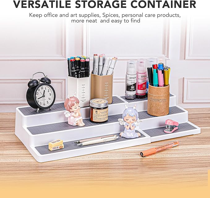 3 Tier Expandable Spice Rack Organizer, Plastic Spice Rack, Adjustable Length 14.6In-25.8In, Non-Skid Tiered Spice Shelf Organizer for Kitchen Cabinet, Cupboard, Pantry, White/Grey