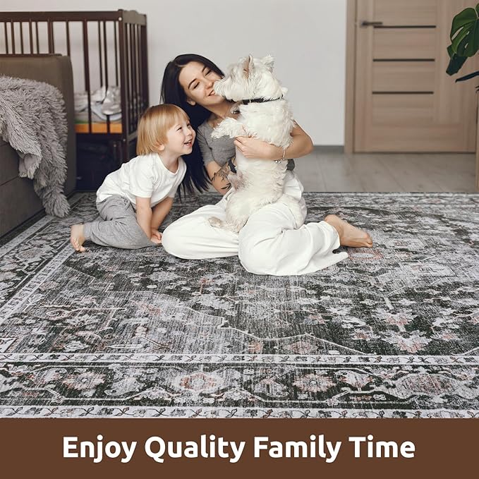 AMOAMI-4X6 Area Rugs for Living Room -Soft Vintage Bedroom Rug-Non Slip Washable Rug-Throw Rugs for Living Room Bedroom Bedside Dining Room Office Dark Grey & Black