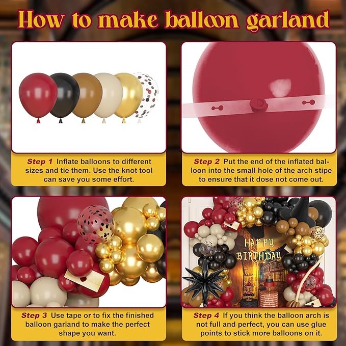 Amandir Magical School Balloons Arch Garland Kit, Maroon Burgundy Black Gold Confetti Balloons with Witch Hat Foil Star Balloon for Magic Themed Birthday Decorations Baby Shower Party Supplies