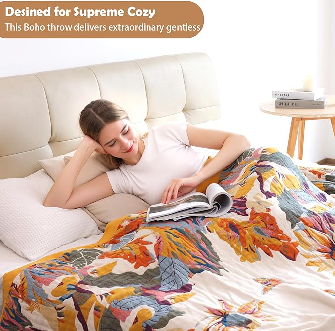 Boho Large Throw Blanket, 100% Organic Cotton Breathable Soft Bed King Throw - Fall Floral Bird Butterfly Farmhouse Decor Blanket for Sofa Couch Chair and Gift. 91" x 98"