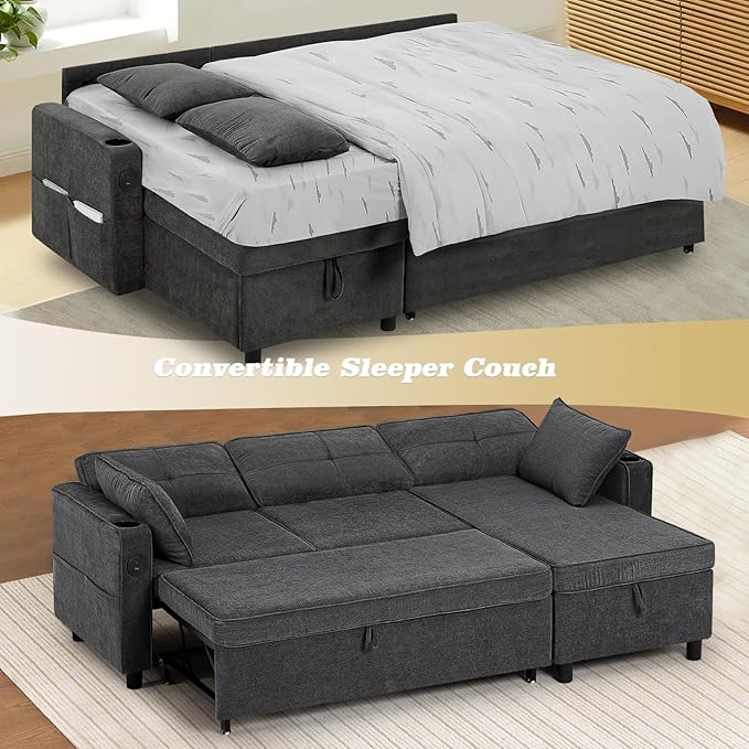 84 Inches Fabric Sectional Sofa w/Pull Out Sofa Bed & Adjustable Back, Tufted L Shaped Couch w/Storage Chaise, Sleeper Sectional Sofa w/USB Port & Cup Holders for Living Room, Grey