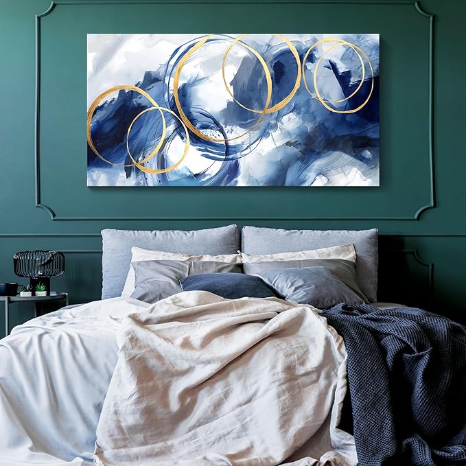 AJAZIKO Blue Abstract Wall Art Modern Art Wall Decor Artwork For Walls Living Room Large Painting Size 20x40 Office Pictures For Wall Navy Gold Contempor Decorations For Bedroom