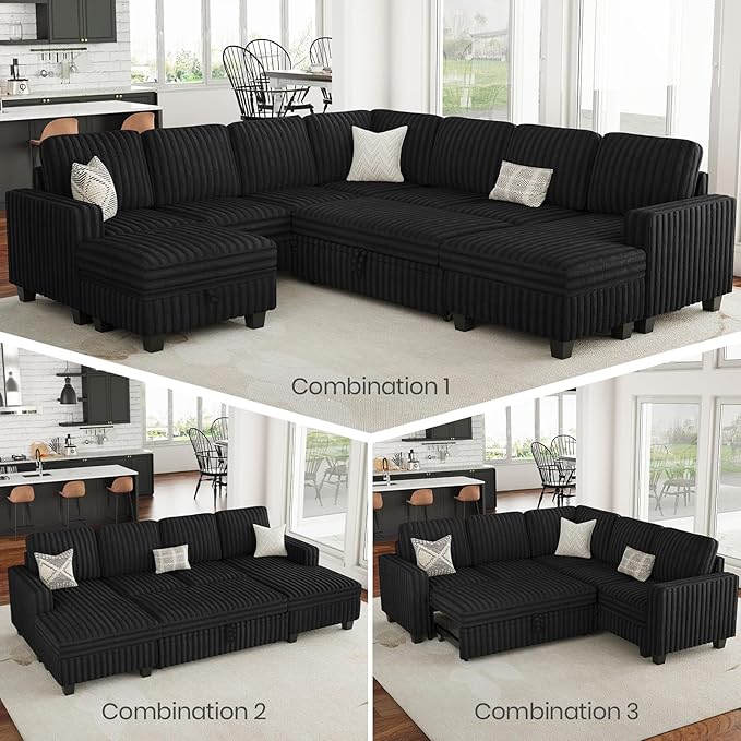 Belffin Corduroy Sleeper Sofa Bed with Storage Chaise Modular Sectional Sofa Couch with Pull Out Bed L Shaped Sectional Couches for Living Room Black Couch
