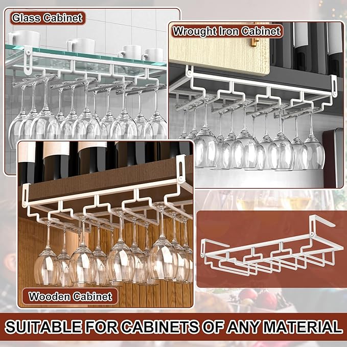 AUHOKY 2Pcs Adjustable Wine Glass Rack Under Cabinet, Punch-Free 4 Rows Stemware Wine Glass Metal Holder, Hanging Wine Glasses Storage Hanger Organizer for Shelf Kitchen Bar Decor(White, 4 Rows)