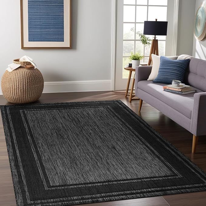 Beverly Rug Large Outdoor Rug 10x14 Modern Bordered Area Rugs for Indoor and Outdoor Patio Deck Porch Garden Waterproof Weather Sun Resistant Washable Outside Carpet (10 x 14 Black)