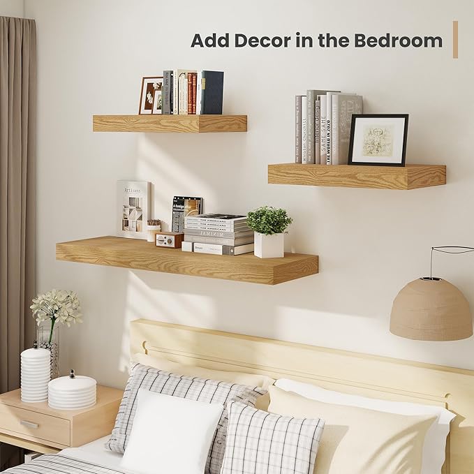 Heimlove 12" Deep Floating Shelves, 36 x 12 Inch Wall Mounted Long Floating Shelf with Invisible Brackets, for Home Decor, Bedroom, Kitchen, Living Room, Bathroom - 2 Pack, Oak