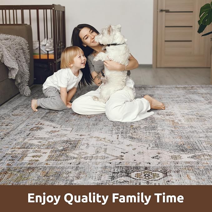 AMOAMI-Area Rug 6X9 Rugs for Living Room-Vintage Soft Grey Rugs for Bedroom-Non Slip Carpet-Machine Washable Rug for Dining Room Living Room Bedroom Office Under Table