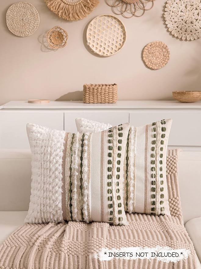 Boho Chenille Tufted Couch Throw Pillow Covers 18x18 Inch Set of 2 Farmhouse Striped Decorative Pillow Covers Accent Neutral Square Pillowcase Green Cushion Covers for Livingroom Sofa Bed