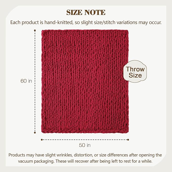 Carriediosa Chunky Knit Throw Blanket 50" X 60", 100% Hand Made Large Chenille Loop Yarn Soft Fluffy Throws for Couch Sofa Bed, Big Crochet Cozy Heavy Thick Cable Woven Blankets, Red