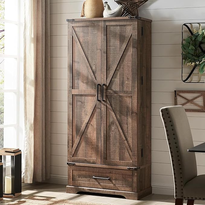 72" Farmhouse Kitchen Pantry Cabinet With Drawer, Tall Storage With 2 Barn Doors and Shelves, Versatile Large Rustic for Dining Room, Bathroom, Living Room, Rustic Brown