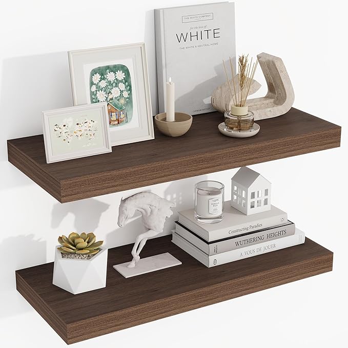 24 Inch Floating Shelves, 24"x9.25"x1.5" Inch Deep Floating Shelves for Wall, Wooden Shelves for Bathroom, Bedroom, Living Room, Walnut