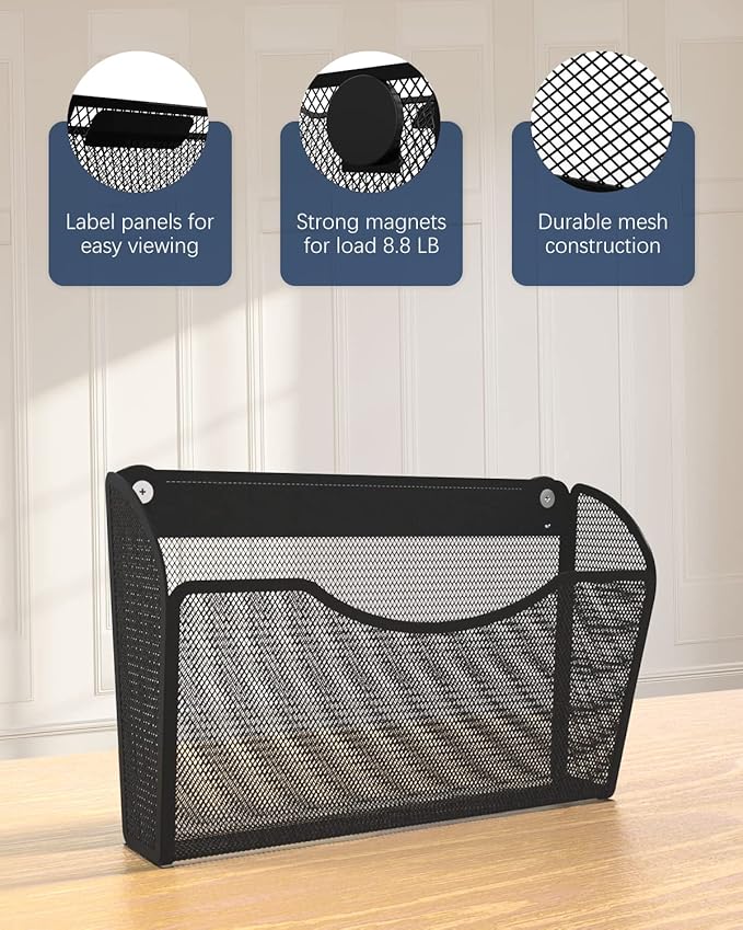 2 Pack 1-Tier Magnetic File Holder - No Drilling Installation File Organizer, Large Capacity Magnetic File Holder for Refrigerator, File Cabinets, Whiteboard, Office, Kitchen