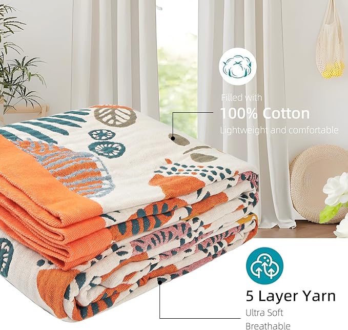 Boho Throw Blanket for Bed - 100% Pure Cotton Ultra Soft Rustic Quilt - Farmhouse Decor Bed Blankets, All Season Rustic Throw for Sofa Couch Chair(60"×80", Floral Print 2)