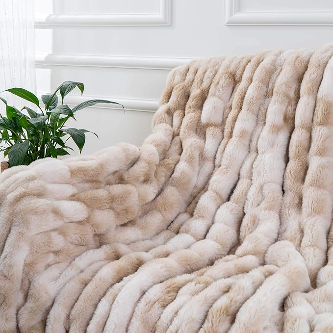BATTILO HOME Ruched Luxury Faux Fur Throw Blanket Beige Tie-dye Rabbit Fur Blanket for Couch, Living Room, Fuzzy, Soft, Plush, Cozy, Elegant with Reversible Mink Blanket Beige, 60"x80"