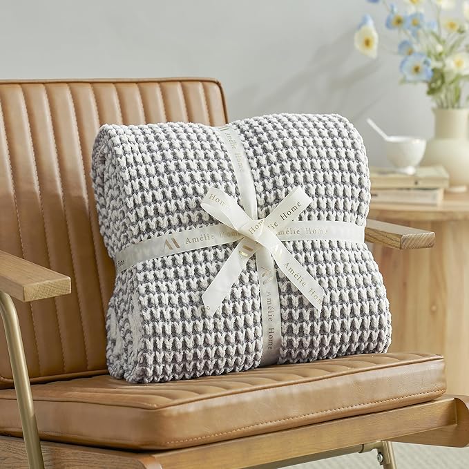Amélie Home Chenille Waffle Throw Blanket for Couch, Reversible Pineapple Stitch Knit Soft Cozy Knit Blanket Lightweight Warm Decorative Throw for Sofa, Bed, Living Room, 50"x60", Grey&Ivory