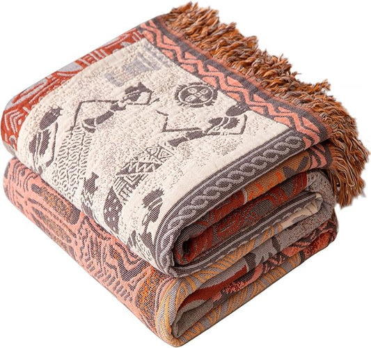 Boho Throw Blanket Twin Size, Soft Cozy Cotton Muslin Quilt Blanket for Bed Decor, Patchwork Block Couch Sofa Chair Cover, Vintage Farmhouse Cottage Tapestry Woven Blanket, Red&Orange