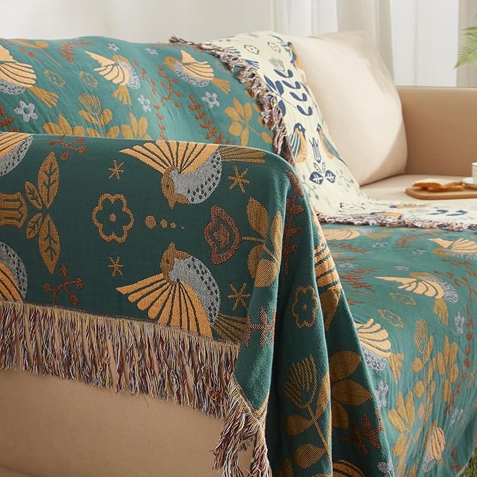 Boho Throw Blanket for Couch Sofa Bed, 100% Cotton Woven Quilt with Tassel 90”x98”, Super Soft Muslin Blanket with Bird Printed, Decorative Reversible Bed Blanket/Cover for All Seasons