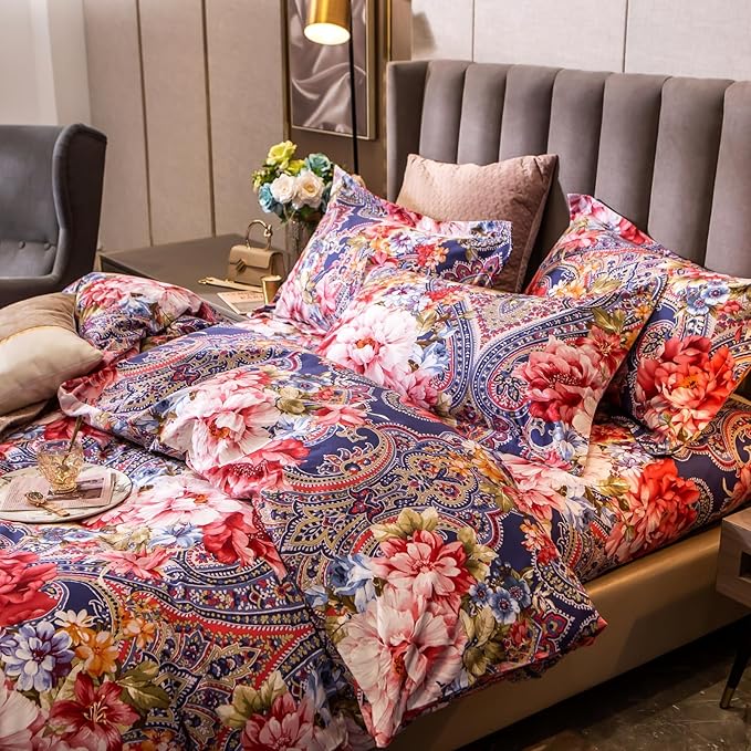 ABREEZE Colorful Floral Duvet Cover Queen 100% Cotton Flower Duvet Cover 3 Piece Set 1 Multi-Colored Damask Paisley Duvet Cover with Zipper Ties 2 Pillowcases Luxury Soft Peony Print Bedding Set