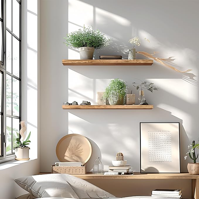 24 Inch Floating Shelves for Wall Rustic Light Wood Wall Shelves for Bedroom Set of 4