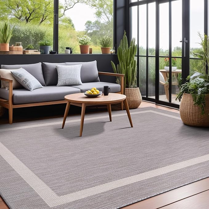 Bordered Outdoor Rug 5x7 Washable Outside Carpet for Indoor Patio Porch Waterproof Easy Cleaning Non Shedding Area Rugs Gray 5 x 7