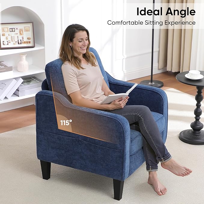 Accent Chair for Living Room, Mid Century Modern Reading Chair for Bedroom, Upholstered Armchair with Side Pockets, Comfy Single Sofa Side Chair for Office, Apartment, Small Room, Blue