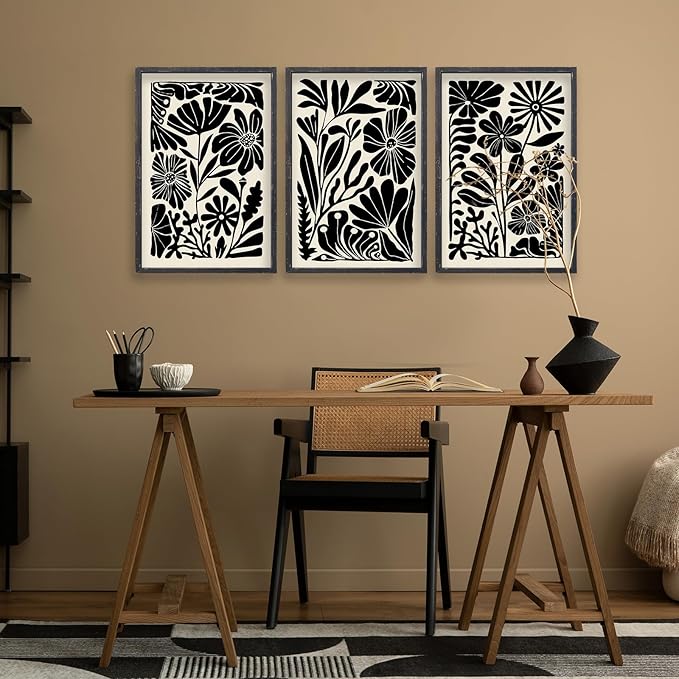 Abstract Floral Botanical Wall Art 16x24 Inch 3 Piece Black Vintage Boho Plant Flower Minimalist Wood Frame Sign Home Living Room Family Office Mid Century Print Wall Hanging Decor (Black)
