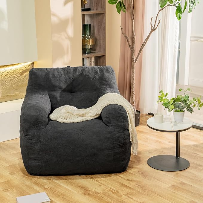 Bean Bag Chair, Bean Bag Chair for Adults, Fluffy and Comfy Bean Bag with Filler, Bean Bag Sofa Chair for Reading, Gaming, Stuffed High-Density Foam, Grey