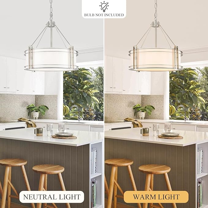 16.3''Drum Chandelier 3-Light Brushed Nickel Modern White Fabric Chandeliers Adjustable Drum Pendant Light for Dining Room Kitchen Island Hallway Living Bedroom