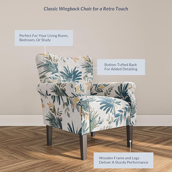 BELLEZE Modern Accent Chair for Living Room, High Back Floral Armchair w/Wooden Legs, Upholstered Wingback Side Chair Padded Armrest Single Sofa for Living Room, Bedroom - Allston (Green Blue Floral)