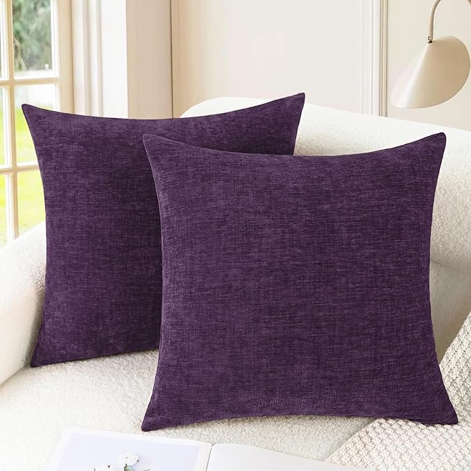CaliTime Throw Pillow Covers Decorative 18 X 18 Inches Pack of 2 Cozy Chenille Cushion Cases for Couch Sofa Bed Living Room Home Plum Purple