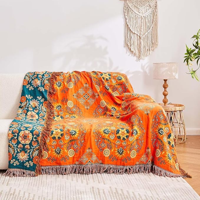 Boho Throw Blanket, 100% Cotton Ultra Soft Luxury Throw Rustic Quilt, 60"x80" Floral Printed Farmhouse Decor Bed Summer Blankets, All Season Rustic Reversible Bohemian Throw for Bed - Orange