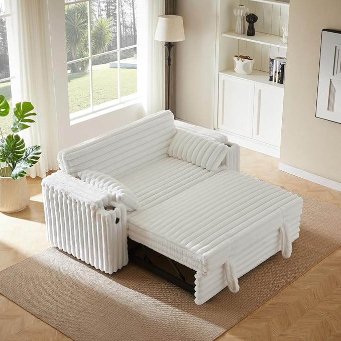 57-Inch Velvet Full Size Sleeper Sofa Couch with Pullout Bed,Convertible Pull Out with Golden Decorative Strip and Adjustable Backrest for Small Spaces,Apartment, Guest Room, RV (1109White)