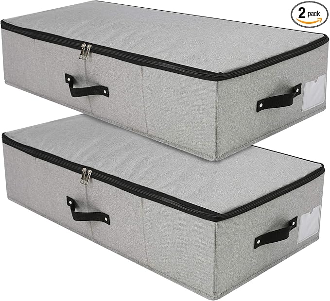 2PCS Foldable Under Bed Storage Container with Plastic Support Liner, Handles, Zipper lid, Sweater Pillow Blankets ClothesStorage Organizer for Bedroom and Closet, 29×15×7inch, Dark Grey