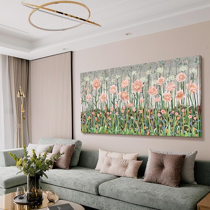 amatop Extra Large Floral Wall Picture for Living Room Modern Botanical Canvas Prints Flower Field Wall Decor Abstract Nature Art Wildflower Garden Pink Green Stretched Artwork Bedroom Office 58x29 in