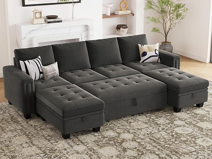 Belffin Modular Sectional Sleeper Sofa with Pull Out Bed Velvet Convertible U Shaped Sectional Sofa Couch with Storage Chaises for Living Room Grey