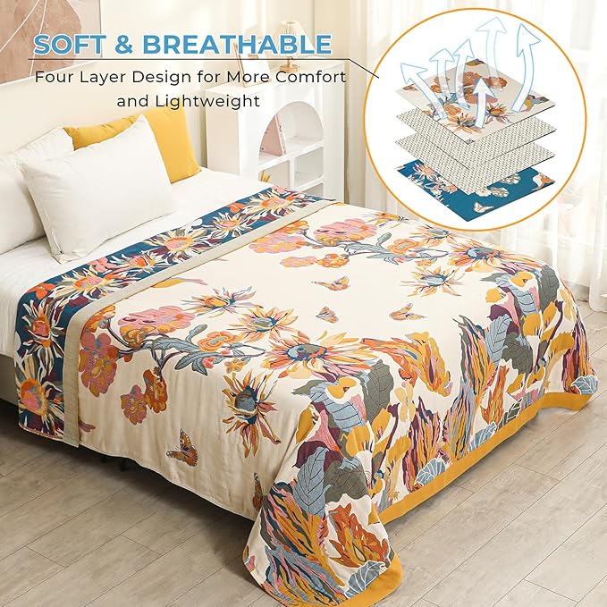 Boho Large Throw Blanket for Bed Couch 60" x 80 "100% Cotton Gauze Fall Blankets Home Decor Soft Lightweight for Sofa Quilt with Floral Butterfly