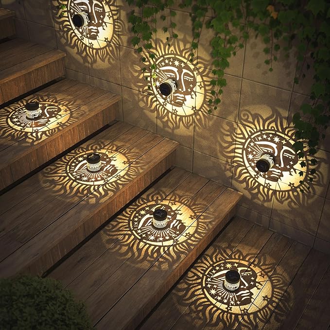 4 Pack Solar Fence Lights Metal Solar Powered Outdoor Wall Deck Step Lights Sun Moon Theme Waterproof Fence Light for Garden Post Patio Backyard Yard Decor, Gardening Gifts for Women Mom Grandma